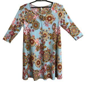 Paisley Grace Women Medium 3/4 Sleeve Dress Multicolor Floral Teal Pink Shift